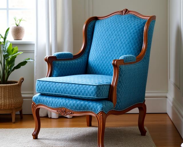 The same armchair, now beautifully restored with new vivid blue patterned upholstery and a polished wooden frame. Before: A worn-out vintage armchair.