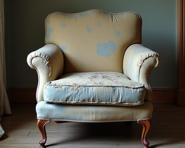 A worn-out vintage armchair with faded and torn fabric, prior to restoration.