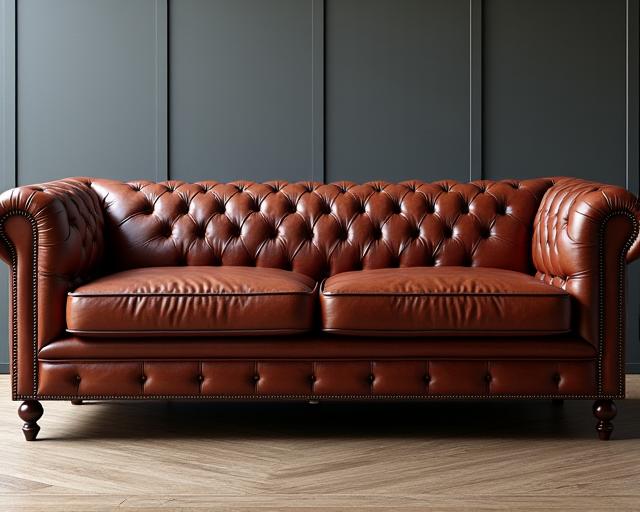 The Chesterfield sofa after meticulous leather restoration, looking incredibly rich, polished, and supple. Before: A faded and cracked leather Chesterfield sofa.