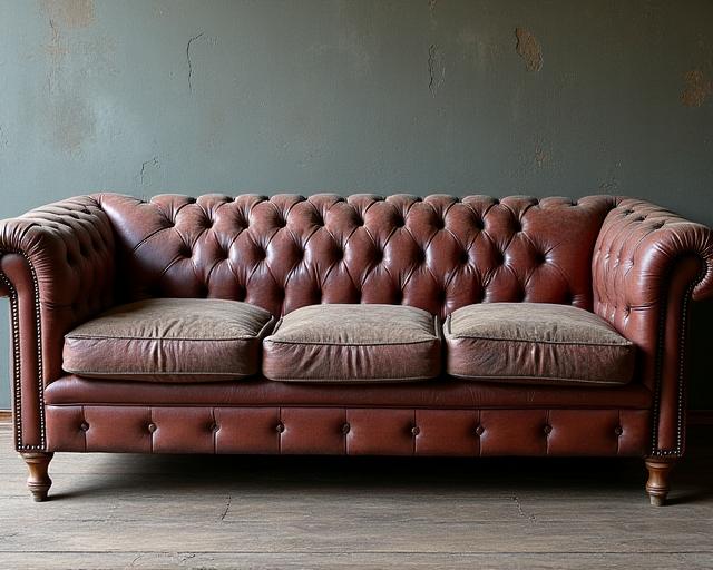 A faded and cracked leather Chesterfield sofa, showing significant wear and damage.