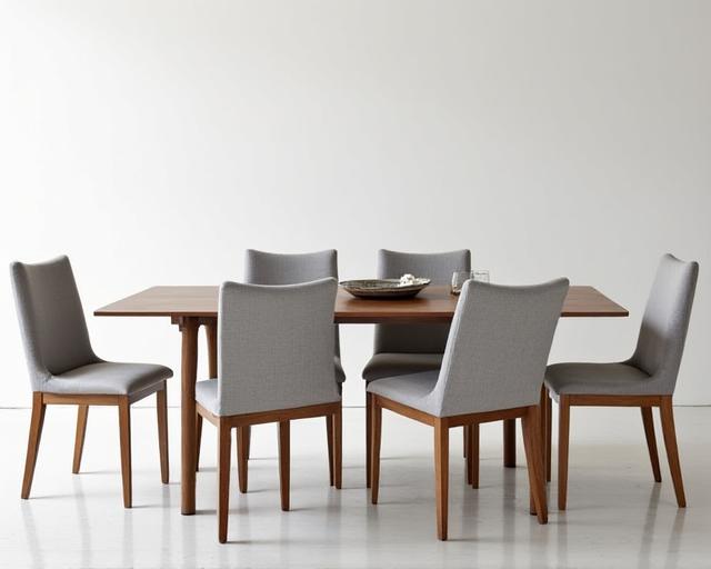 The same dining chairs, now impeccably reupholstered in a sleek, neutral modern grey fabric, blending seamlessly with contemporary decor. Before: A set of dining chairs with old-fashioned floral fabric.