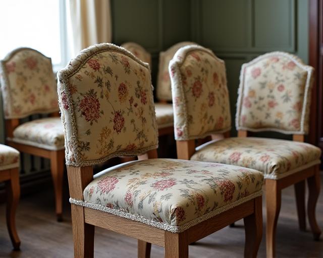 A set of dining chairs with old-fashioned, dated floral fabric, showing signs of age.