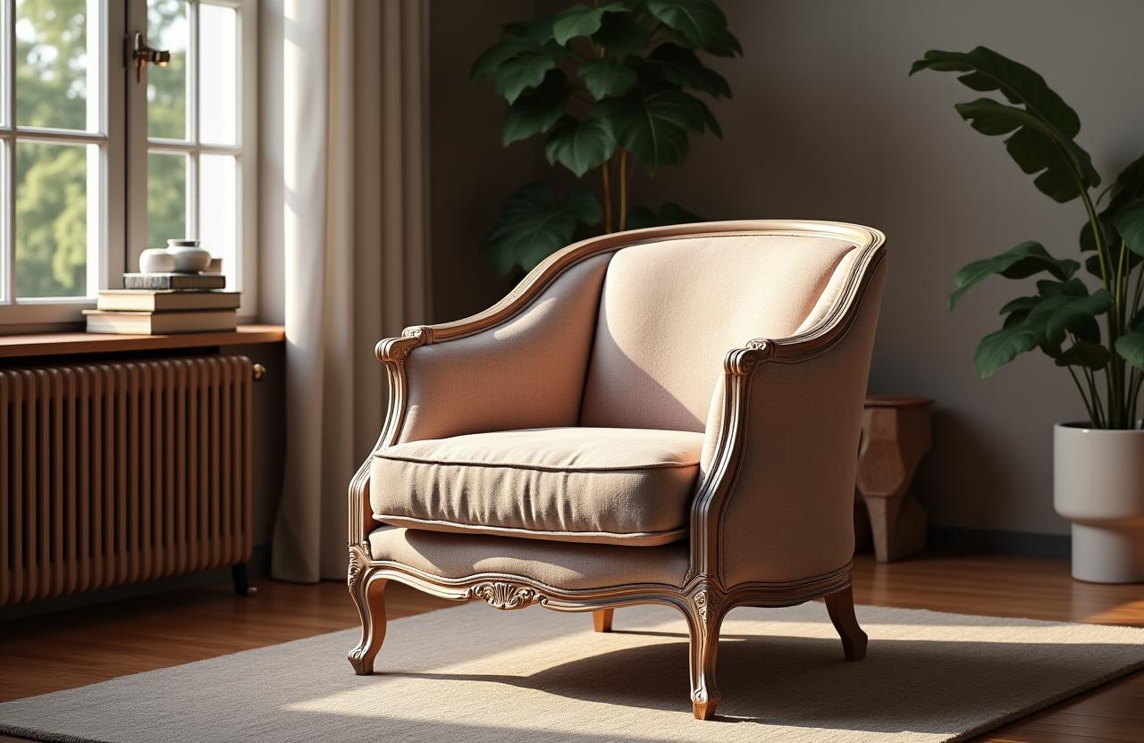 A beautifully restored vintage armchair in a modern, stylish living room, bathed in natural light.