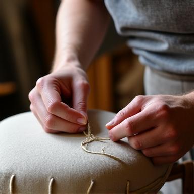 A close-up of a craftsman's hands carefully stitching elegant fabric onto a chair frame in a well-lit workshop.