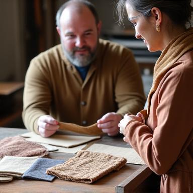 An artisan discussing fabric swatches with a client, pointing to material options intently.