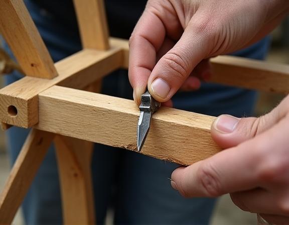 The sturdy, intricate wooden frame of a vintage chair undergoing expert repair in a well-equipped workshop.